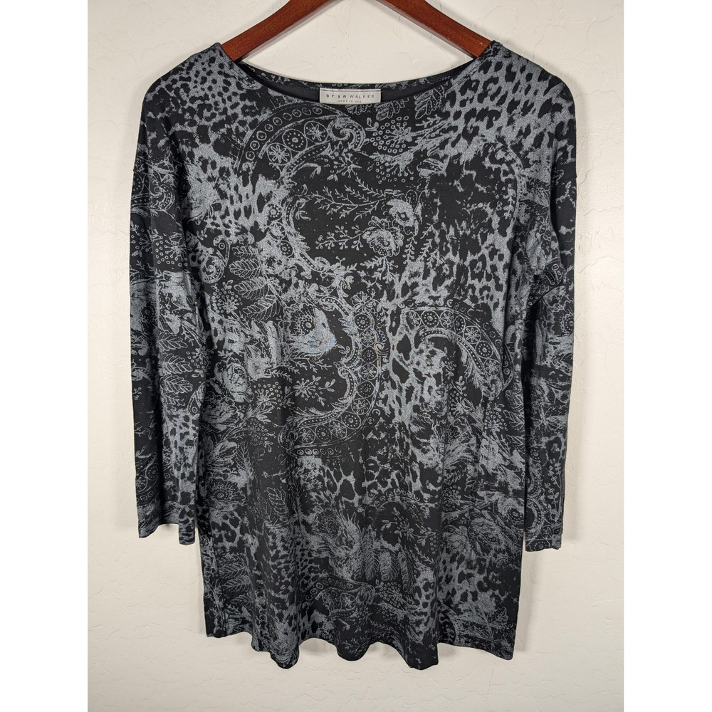 Bryn Walker Shirt Womens XS Black Animal Print‎ Stretch Tunic Top Made In USA